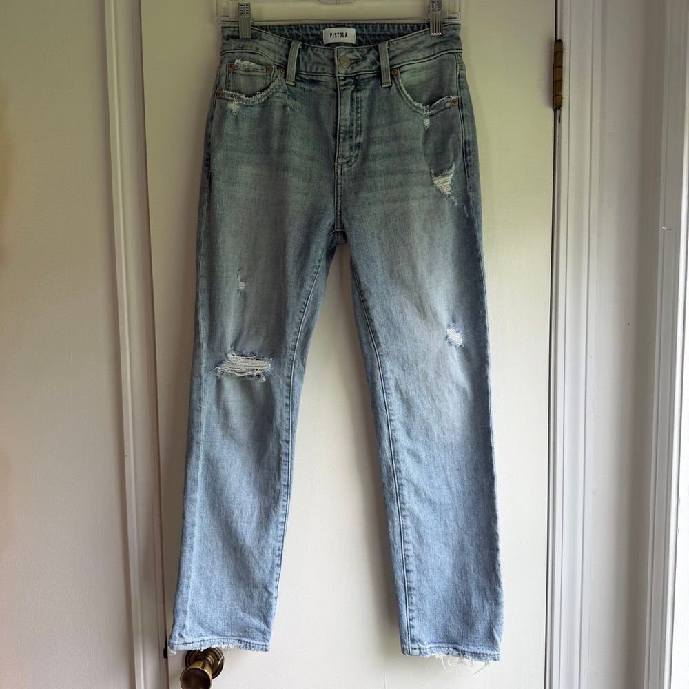 Pistola Womens High Rise Straight Leg Distressed Light Wash Jeans Size 26